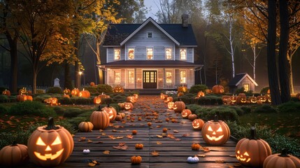 Wall Mural - Halloween Night with Jack o  Lanterns  House  and Fog