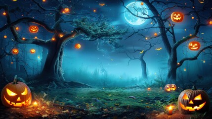 Wall Mural - Halloween Jack o  Lantern Forest Scene with Full Moon