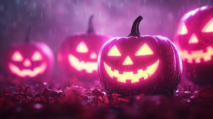 Sticker - Glowing Jack o  Lanterns in the Rain on Halloween Night