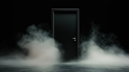 Sticker - Black Door in Foggy Room  Mystery  Darkness  Entrance  Doorway  Mystery  Dark  Surreal  Fantasy