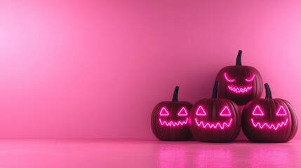 Wall Mural - Neon Jack o  Lantern Pumpkins on Pink Background