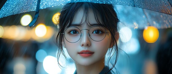 A young woman with glasses looks directly at the camera while holding a transparent umbrella with water droplets.