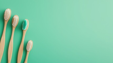 Bamboo Toothbrushes on Green Background  Copy Space