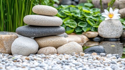 Wall Mural - Zen Garden with Stacked Stones  Water  and White Flower