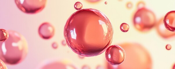 Poster - pink translucent bubbles floating in soft light, abstract background. creativity and science concept