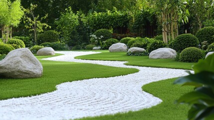 Zen Garden Pathway with White Gravel and Green Grass