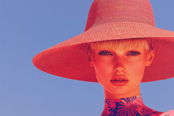 a chic caucasian woman in 1970s fashion style, in a wide-brimmed hat, wearing a flowing maxi dress with floral prints