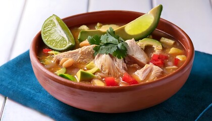 Wall Mural - Delicious Chicken and Avocado Soup in a Brown Bowl