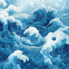 Wall Mural - Abstract Ocean Waves in Vibrant Blues and Whites