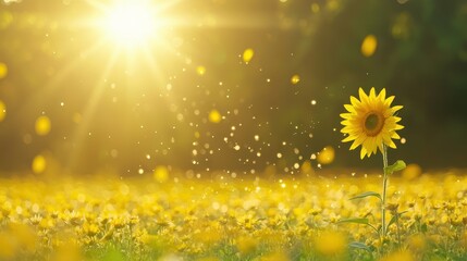 Canvas Print - Single Sunflower in a Field of Yellow Flowers with Bokeh and Sun Rays