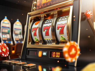 Vibrant Slot Machine With Winning Symbols in Casino Setting