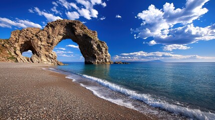 Canvas Print - Natural Stone Archway Beach Seascape With Blue Sky And White Clouds