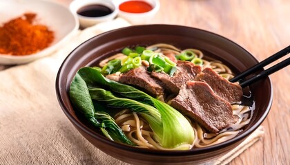 Canvas Print - Delicious Beef Noodle Soup with Chopsticks