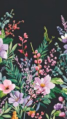 Watercolor spring floral bouquets, branches and leaves seamless pattern, hand painted on a dark background