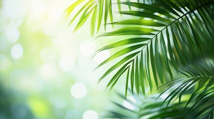 Close-up of green palm leaves with sunlit bokeh background. Nature and tranquility concept