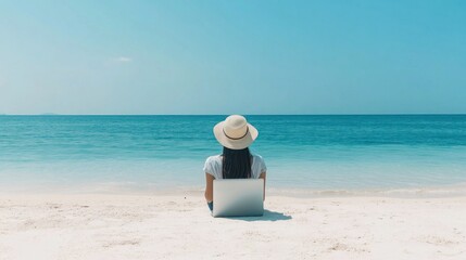 Canvas Print - Woman Relaxing on a Tropical Beach with Laptop