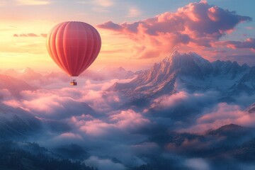 Sticker - Hot Air Balloon Over Snowy Mountains at Sunrise