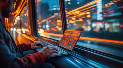 Wall Mural - Man Working on Laptop on a Train