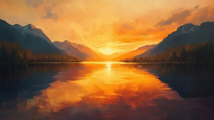 Wall Mural - Sunset over a tranquil lake with mountains in the background  warm colors and soft reflections