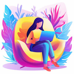 woman laptop chair colorful foliage illustration working leisure sitting modern vibrant digital art freelance remote work indoor casual comfortable bright colors 