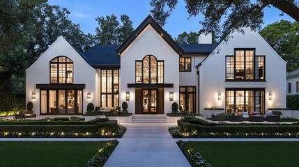 Canvas Print - Modern White Brick House with Black Trim and Large Windows at Dusk