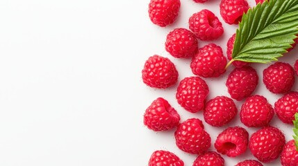 Wall Mural - Fresh Raspberries with Green Leaf on White Background