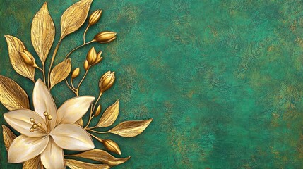 Poster - Golden Lily Flower and Leaves on Green Background