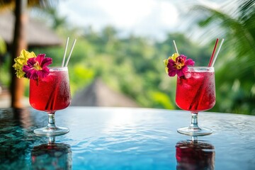 Wall Mural - Two Tropical Cocktails on a Table with a Lush Background