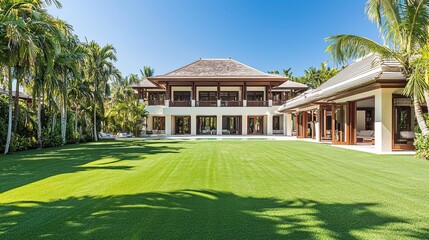 Canvas Print - Luxury Tropical House with Pool and Palm Trees