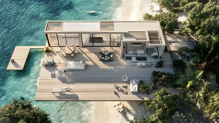 Beach house floor plan, seen from above, with wide-open windows facing the ocean, airy living and dining space, light wooden floors, a spacious patio with outdoor seating, and a small private dock