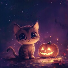  Adorable kitten with Halloween pumpkin in a magical setting
