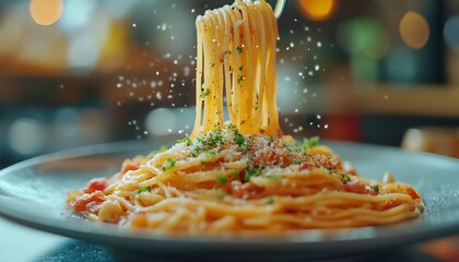 Spaghetti with grated cheese and basil leaves