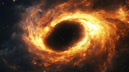 A black hole at the center of space, swirling cosmic dust and gas around it, vibrant orange and yellow colors, dramatic lighting