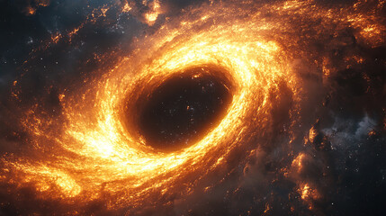 A black hole at the center of space, swirling cosmic dust and gas around it, vibrant orange and yellow colors, dramatic lighting