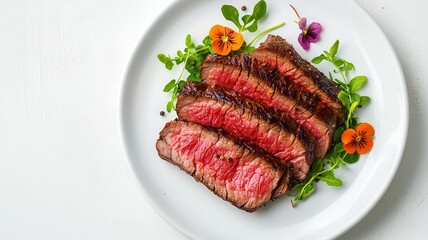 Plate of sliced dryaged steak arranged beautifully with grill marks, garnished with microgreens and edible flowers