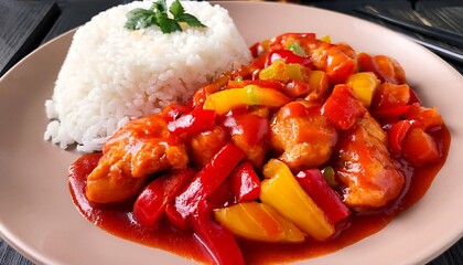 Wall Mural - Sweet and Sour Chicken with Rice, Close Up