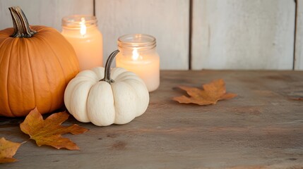 The pumpkins are surrounded by scattered dry leaves and softly glowing candles in mason jars, Generative AI 