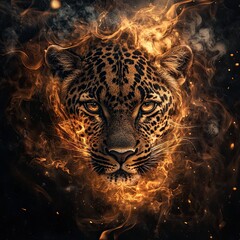 fierce leopard in fiery surroundings