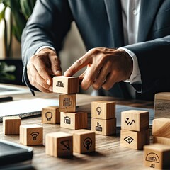 Businessman Stacking Wooden Blocks with Icons for Strategy Planning