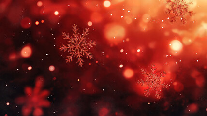 Wall Mural - Christmas-Themed Red Background with Sparkling Snowflake Bokeh