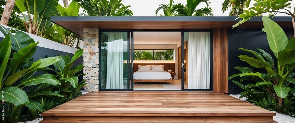 tropical-style outdoor setting featuring a wooden deck leading to a ...