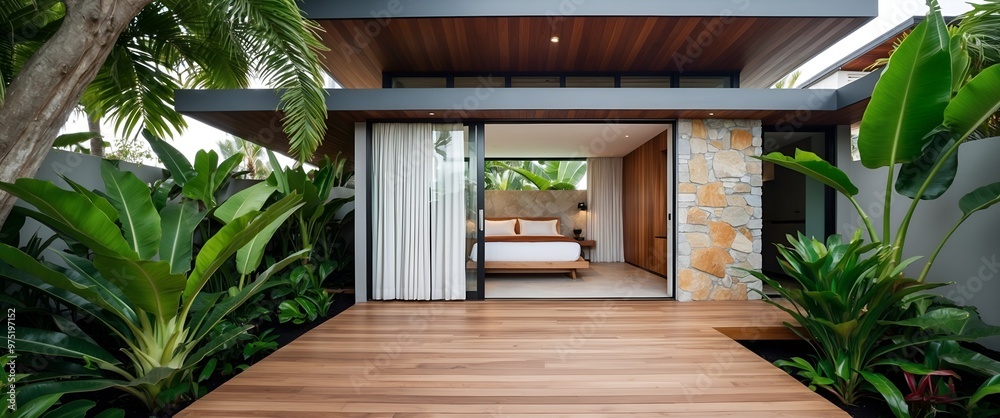tropical-style outdoor setting featuring a wooden deck leading to a ...