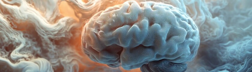 Poster - A detailed illustration of a human brain surrounded by abstract colorful clouds, symbolizing thoughts and creativity.