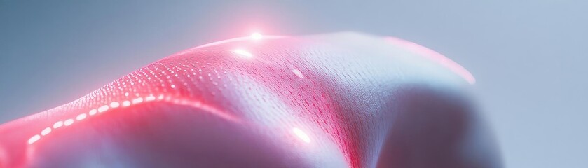 Abstract close-up of illuminated skin texture with a futuristic glowing effect, emphasizing beauty and technology.