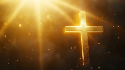 Poster - Golden cross with radiant light, spiritual and religious symbolism concept