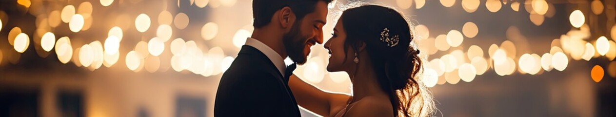 Elegant couple dancing at a fancy event with soft lighting 