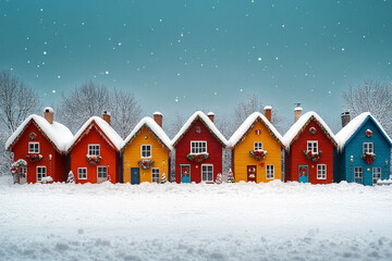 Snow-covered homes and streets form a tranquil winter landscape, copy space background