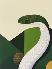 Wall Mural - A modern and sleek digital illustration of a snake coiled in a circle with geometric patterns and shapes in the background symbolizing harmony and balance with green and gold metallic accents