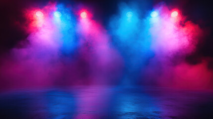 An empty stage with colorful spotlights and smoke, creating an atmospheric background for a concert or performance