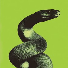 A modern and sleek digital illustration of a snake coiled in a spiral symbolizing cycles of life and regeneration with metallic green and silver accents